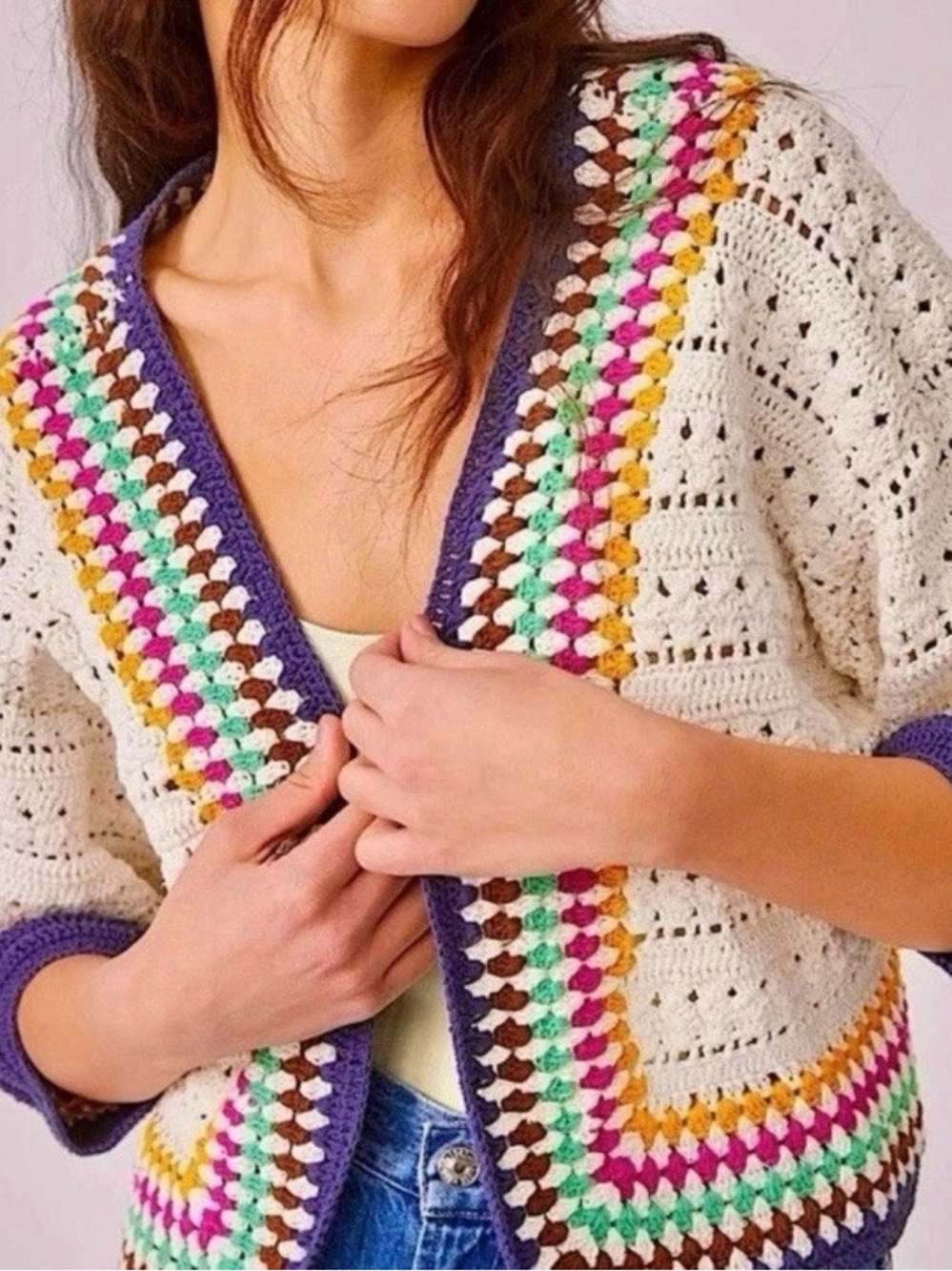 Maeve Crochet Cardigan with Multicolor Trim
